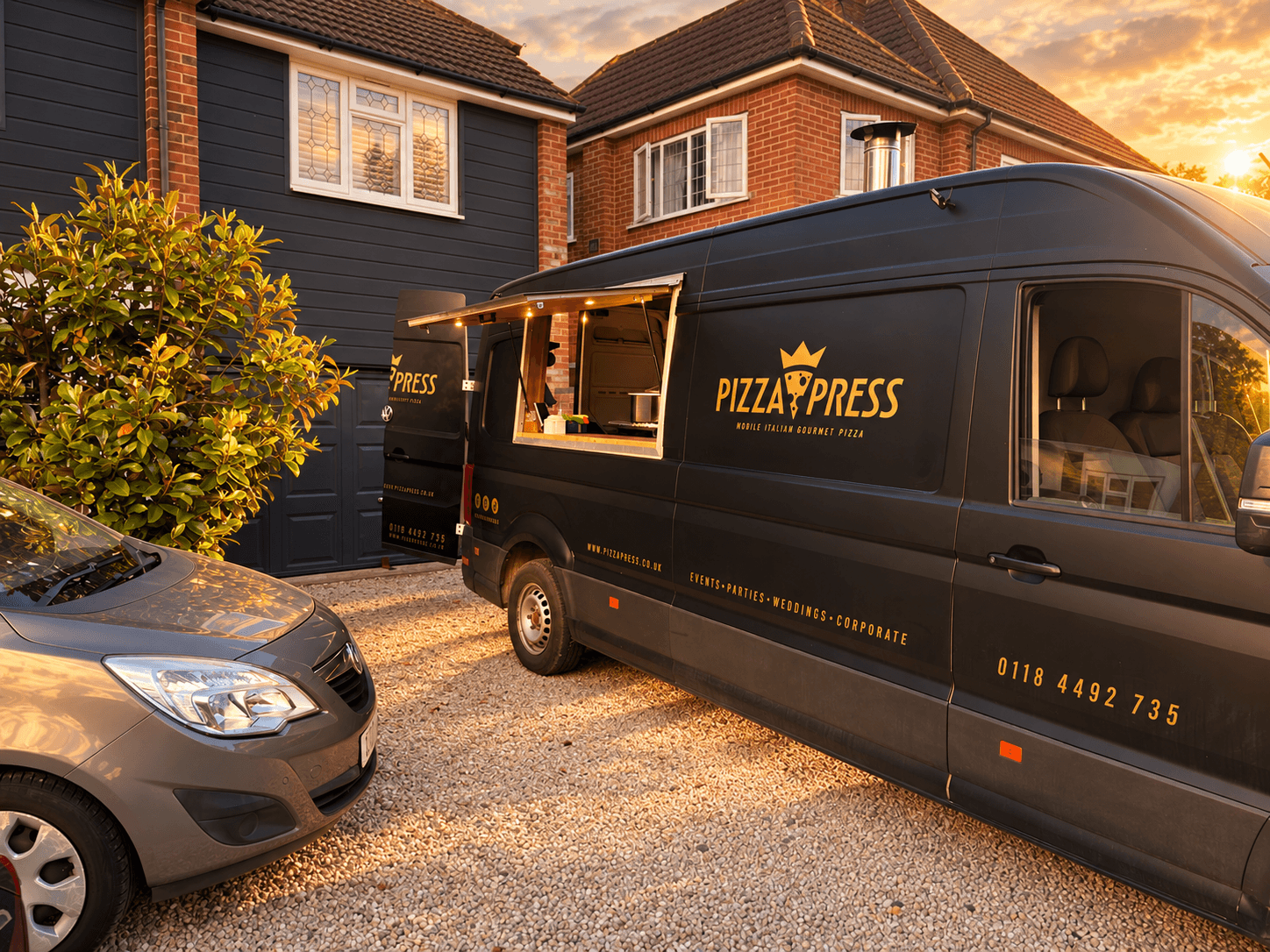 Pizza Press van with its service hatch prepared for an event