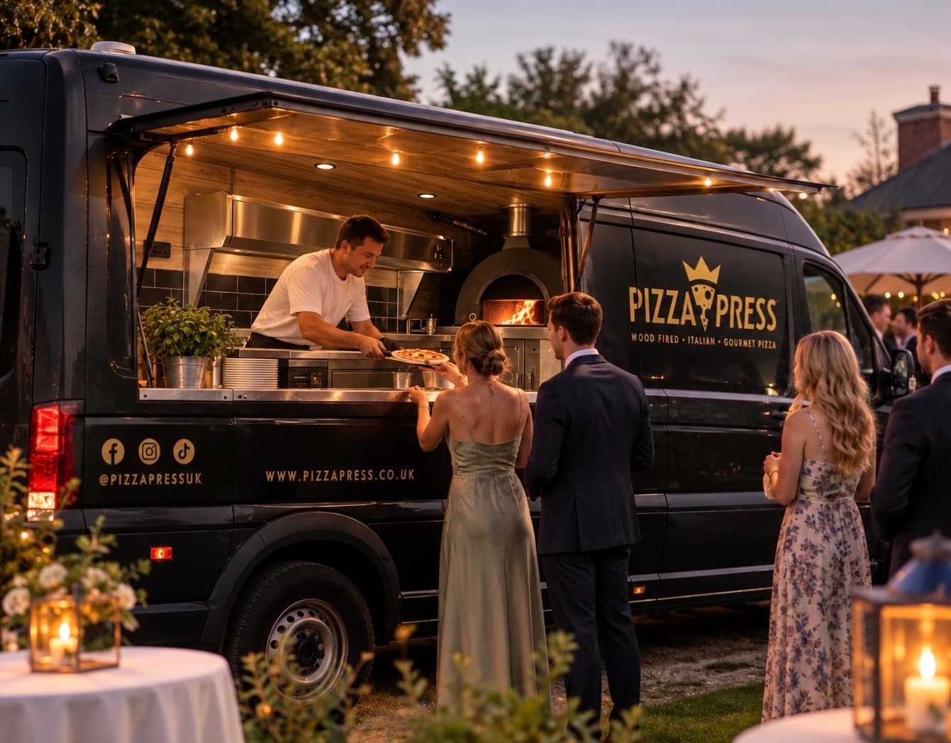 Pizza Press mobile pizzeria set up with its serving hatch open